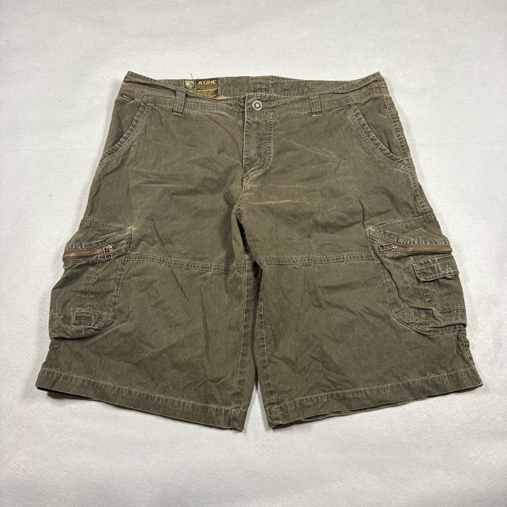 Kuhl Crag Series Mens 36 Cargo Shorts Olive Green Canvas Hiking Utility Outdoor